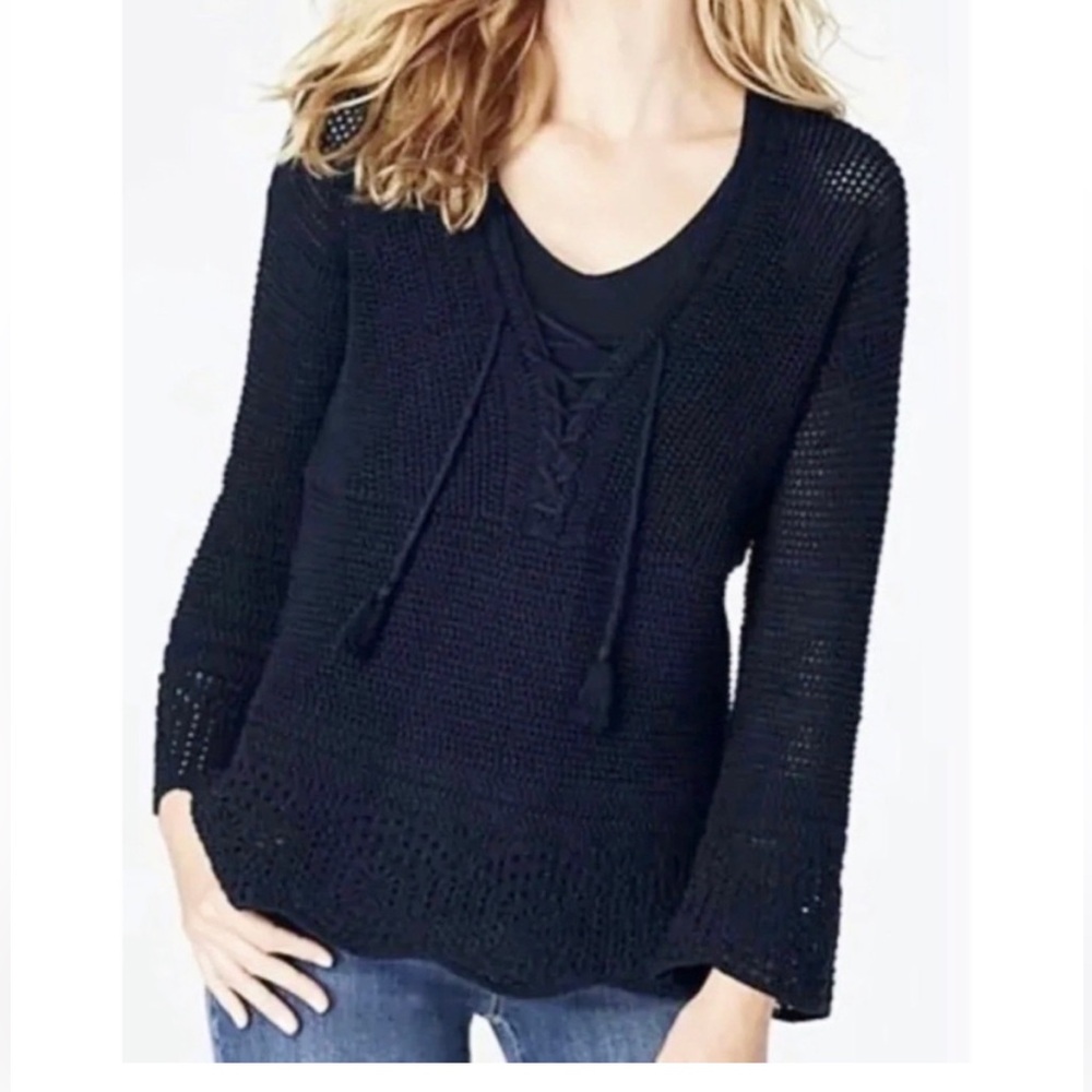 J Jill Navy Blue Lace-Up Knit V-Neck Sweater for Women SX M